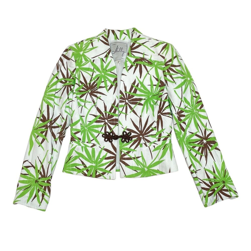 Milly of New York Jacket Size 6 White Green Blazer Palm‎ Tree Tropical Floral